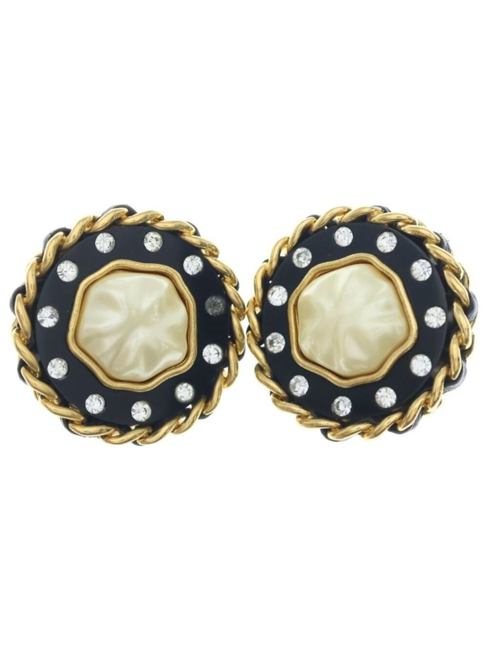 Chanel Dot Mabe Pearl Rhinestone Circle Earrings Black Gold